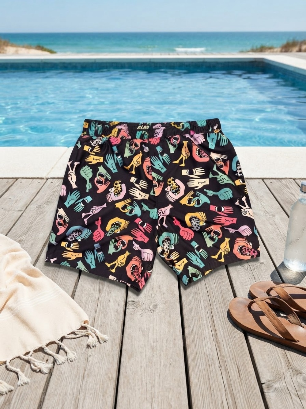 A.LAB Hands & Faces Print Men's Swim Trunks Board Shorts -Size Large
